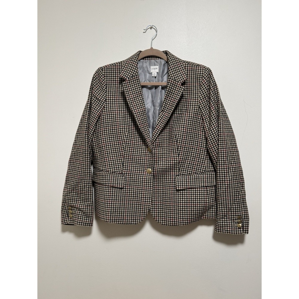 J Crew 80% Wool Houndstooth Blazer Size 16 Brown Gold Buttons EUC